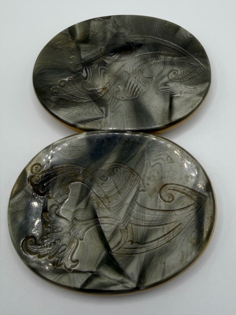 Vtg Art Deco Celluloid 2 Piece Dress Sash Buckle Marbled Green Gray Oval Floral